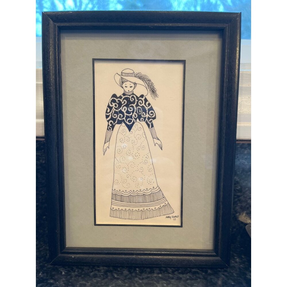 Vtg 1970's Detroit Artist Mary Ewald Pen And Ink Art Female Elegantly Dressed